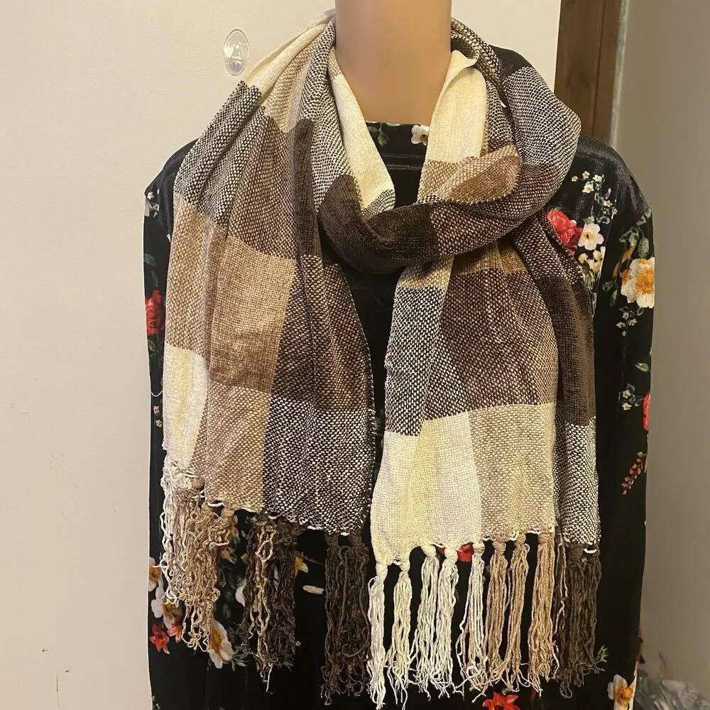 Twenty Degrees Chenille Scarf 11x68”Rectangle Multicolored Block Soft Fringe